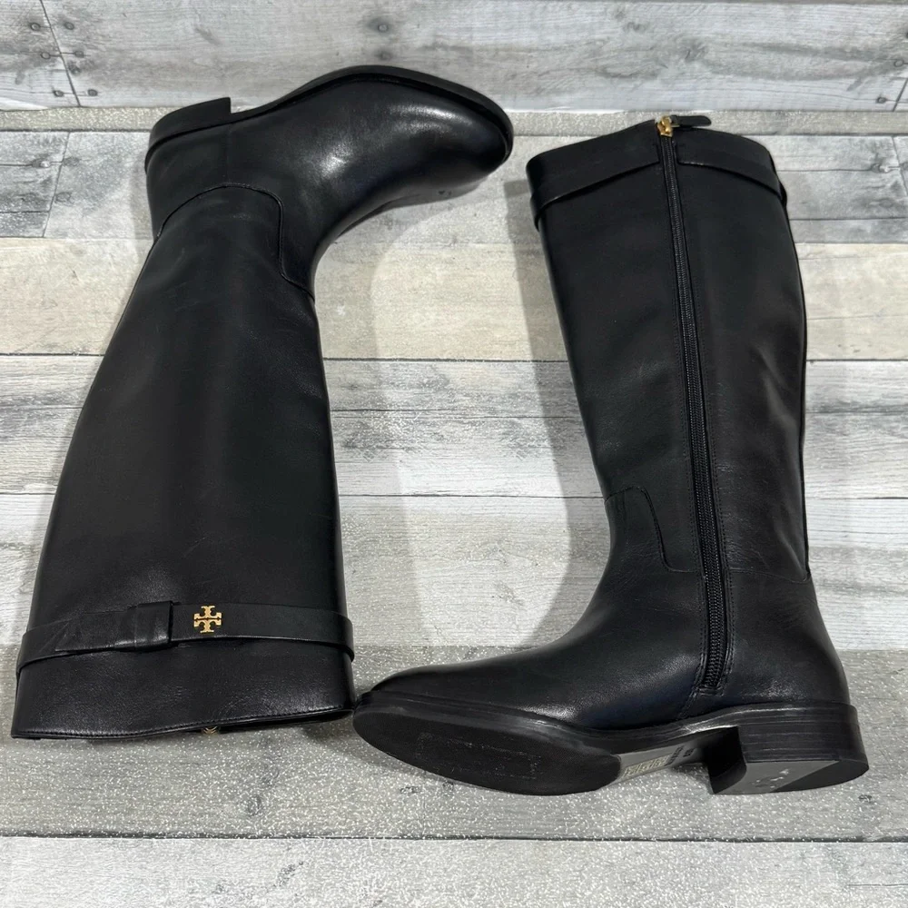 TORY BURCH EVERLY STRAP RIDING BOOTS - BLACK LEATHER - SZ - 5.5